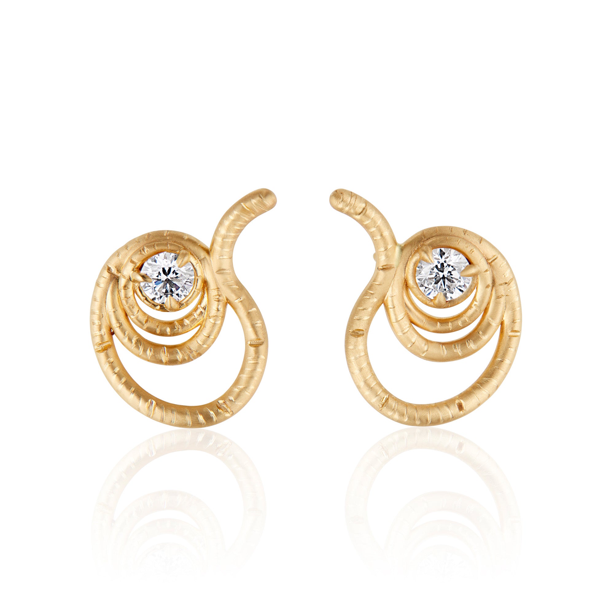 The Union Earrings representing earthworms with round DeBeers Code of Origin diamonds