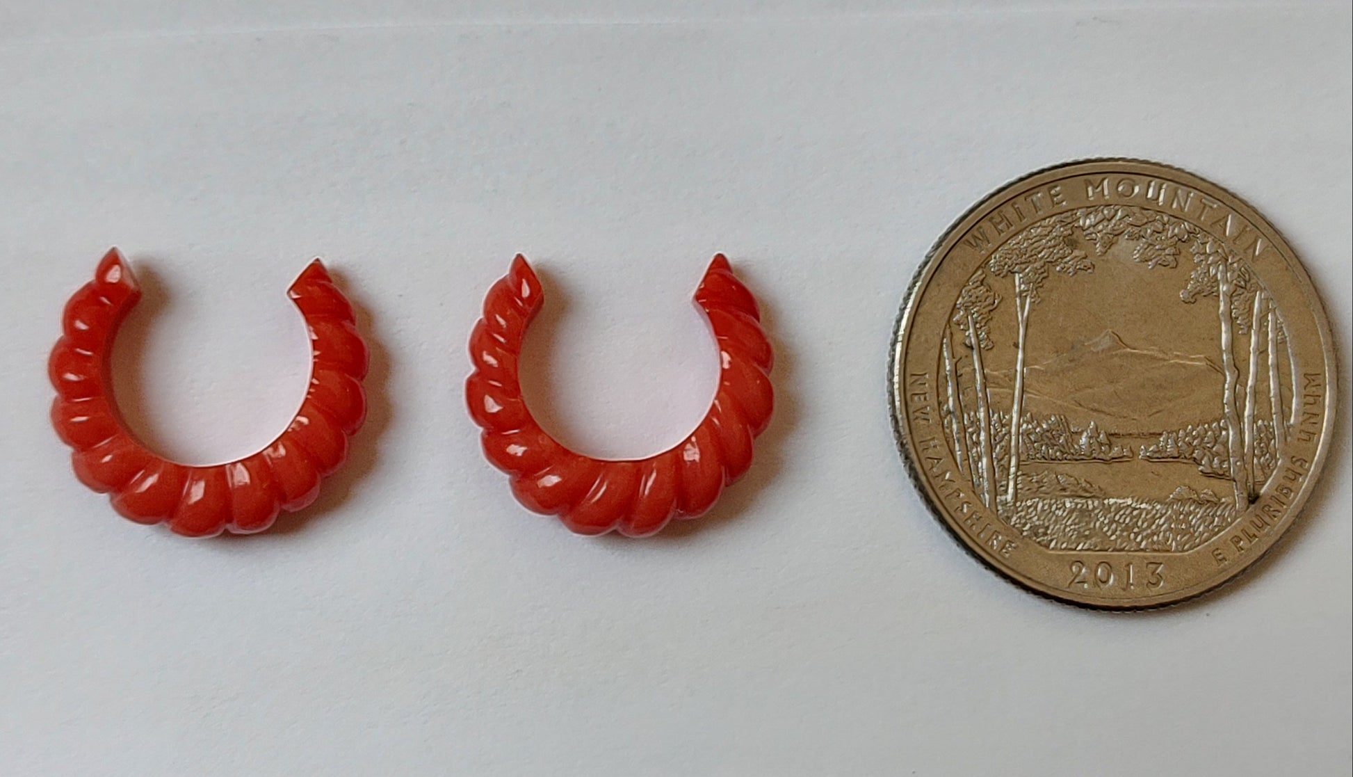 Vintage Coral Carved Hoops with Coin for Sizing Purposes
